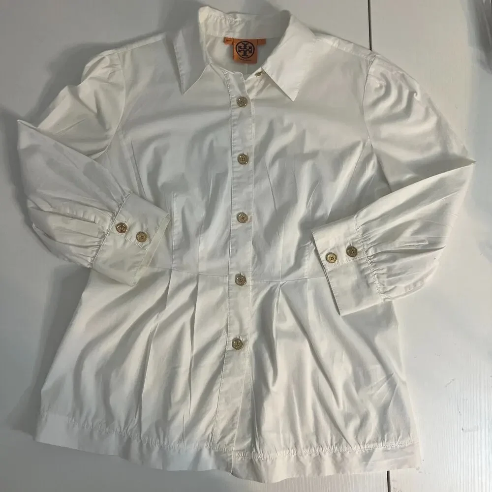 Tory Burch Women’s Size 8 White Button Down Shirt Gold Logo Buttons Blouse